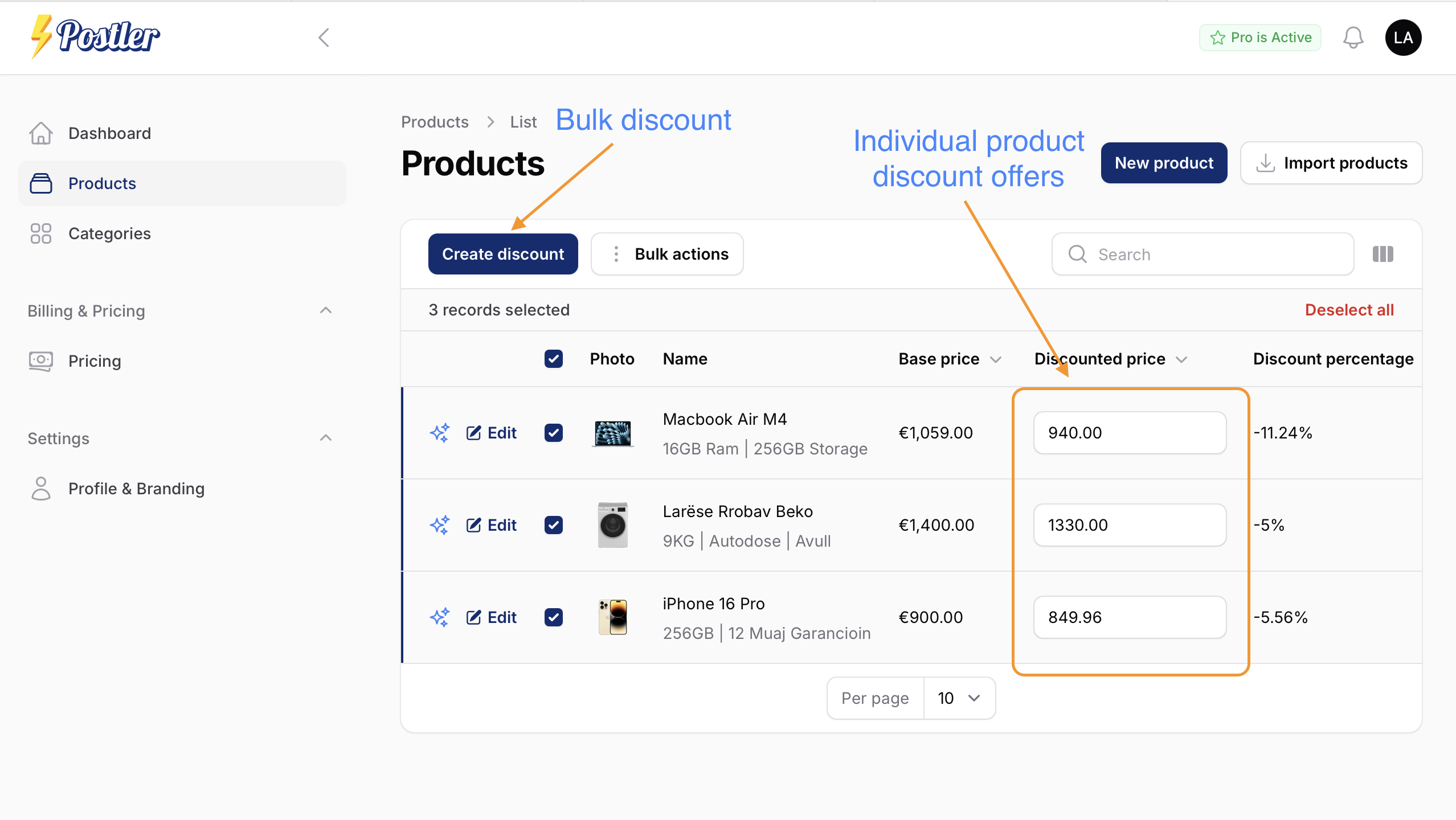 Screenshot showing bulk discount creation and quick posting to social media