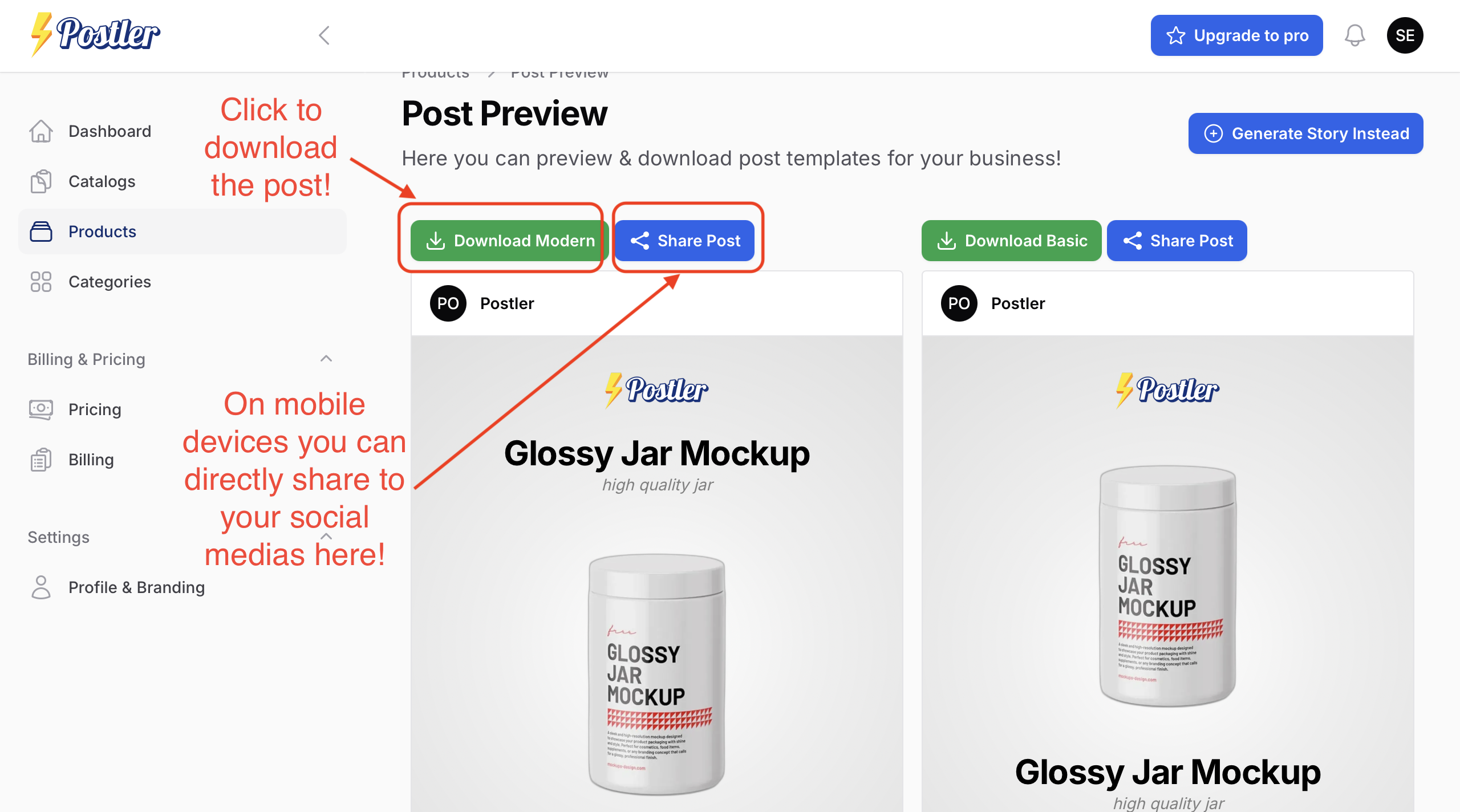 Postler dashboard showing product management and social media post creation interface